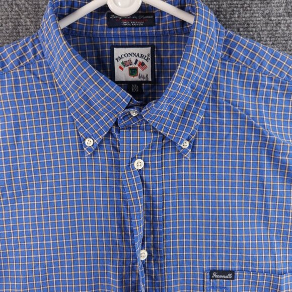 Faconnable Button-Down Cotton Check Blue XL Shirt Mens Pocket Long Sleeve Adult - Picture 1 of 13